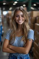 Smiling woman standing in a busy logistics stockroom, surrounded by neatly organized boxes, feeling proud of business growth. Bright lighting emphasizes the productive atmosphere. photo