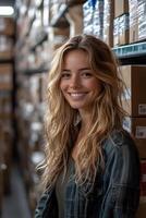 Smiling woman checking orders in a stockroom filled with packages, excited about growing sales. Shelves filled with products create a sense of business achievement. photo