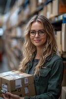 Woman with a joyful expression working in a logistics stockroom, holding packages and feeling proud of increased sales. The shelves behind her are well-stocked, showcasing business growth. photo