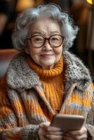 Happy senior woman holding a smartphone, looking at the camera, leading a conversation with family through a call. The warm setting enhances the moment of connection. photo
