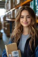 Woman with a joyful expression working in a logistics stockroom, holding packages and feeling proud of increased sales. The shelves behind her are well-stocked, showcasing business growth. photo