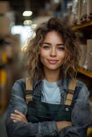 Woman happily working in logistics, standing near boxes in a stockroom, feeling excited about her growing business. Organized shelves and bright lighting reflect the progress. photo