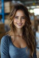 Smiling woman standing in a busy logistics stockroom, surrounded by neatly organized boxes, feeling proud of business growth. Bright lighting emphasizes the productive atmosphere. photo
