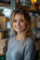 Smiling woman managing logistics in a stockroom, standing near packages and feeling proud of business success. Neatly arranged shelves reflect growth and achievement. photo