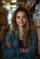 Smiling woman managing a stockroom filled with organized boxes, feeling proud of her business success. Bright lighting and well-stocked shelves create a sense of accomplishment. photo