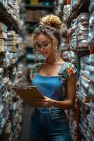 Happy woman working in an e-commerce stockroom, holding a clipboard while checking inventory. Shelves filled with neatly stacked packages, showcasing business success. photo