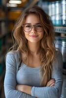 Smiling woman checking inventory in an e-commerce stockroom filled with products, excited about business growth. Bright lighting and organized shelving enhance the space. photo