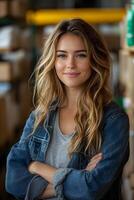 Smiling woman checking inventory in an e-commerce stockroom filled with products, excited about business growth. Bright lighting and organized shelving enhance the space. photo