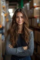 Smiling woman standing in a busy logistics stockroom, surrounded by neatly organized boxes, feeling proud of business growth. Bright lighting emphasizes the productive atmosphere. photo
