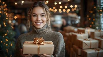 Office workers exchanging Christmas gifts in a festive decorated workspace photo