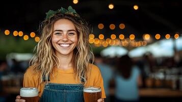 Large Oktoberfest beer tent with rows of tables filled with steins of beer and cheerful people in traditional Bavarian clothing photo
