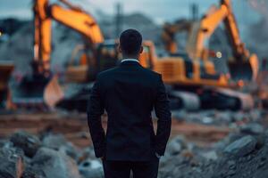 Businessman standing in front of a construction site with autonomous machinery, showcasing technological progress photo
