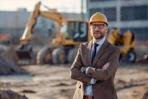Businessman standing in front of a construction site with autonomous machinery, showcasing technological progress photo