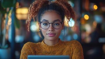 Detailed wide-angle half-body view of a freelance woman using a laptop in an open coworking space, front view, with high-quality realistic elements emphasizing the collaborative work environment photo