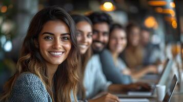 Happy and diverse business group collaborating on a project, smiles all around as they work in a modern office with laptops photo