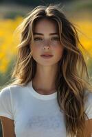 Elegant portrait of a young woman in a white t-shirt, looking at the camera with a yellow blur background, perfect for fashion brand visuals. photo