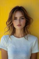 Clean top half body portrait of a young woman in a white t-shirt, with a yellow blur background, ideal for clothing brand imagery. photo