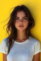 Young woman in a white t-shirt, top half body view with yellow blur background, creating an appealing look for fashion brands. photo