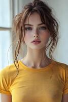 Portrait of a beautiful young woman in a yellow t-shirt, showing the top half body and looking at the camera with a white blurred backdrop. photo