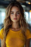 White blur background with a young woman in yellow t-shirt, top half body, looking directly at the camera. photo