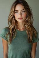 Beautiful young woman in a green t-shirt, top half body shot, facing the camera against a soft white blur background. photo