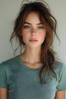 Portrait of a beautiful young woman in a green t-shirt, showing the top half body and looking at the camera with a white blurred backdrop. photo