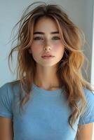 Portrait of a beautiful young woman in a blue t-shirt, showing the top half body and looking at the camera with a white blurred backdrop. photo