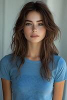 Portrait of a beautiful young woman in a blue t-shirt, showing the top half body and looking at the camera with a white blurred backdrop. photo