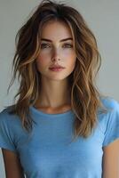 Elegant young woman in a blue t-shirt, top half portrait, gazing at the camera with a white blurred background. photo