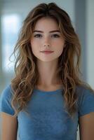 Portrait of a young woman in blue t-shirt, top half body, facing forward with a white blurred background. photo