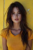 Close-up of a young woman wearing an orange t-shirt, top half body, gazing at the camera with a yellow blur backdrop. photo