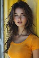 Portrait of a beautiful young woman in an orange t-shirt, showing the top half body and looking at the camera with a yellow blurred backdrop. photo