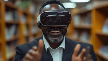 Office setting with a businessman wearing VR goggles, smiling and gesturing with excitement as he engages with a virtual reality experience. photo