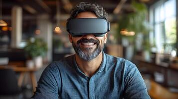 A businessman with a cheerful expression wearing virtual reality goggles, sitting at his desk in a modern office, making creative hand gestures. photo