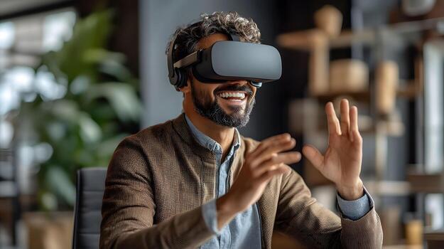 Smiling professional man at his desk, using virtual reality goggles to explore a digital world, making dynamic hand movements in a modern office. photo