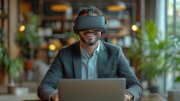 Happy businessman seated at a desk, exploring a virtual environment through VR goggles, making expressive poses as he interacts with the unseen. photo