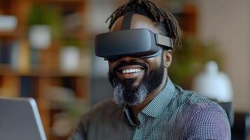 Business professional with a big smile, using virtual reality goggles at his office desk, gesturing as he navigates a digital world. photo