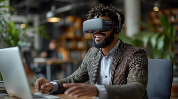 Smiling professional man at his desk, using virtual reality goggles to explore a digital world, making dynamic hand movements in a modern office. photo