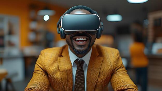 Man in a business suit, smiling as he uses virtual reality goggles at his desk, engaging in imaginative poses while immersed in a digital world. photo