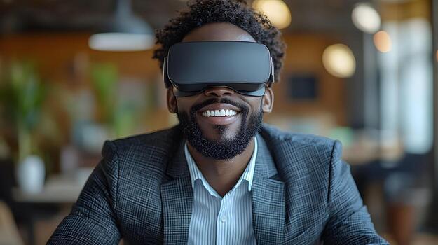 Man in a business suit, smiling as he uses virtual reality goggles at his desk, engaging in imaginative poses while immersed in a digital world. photo