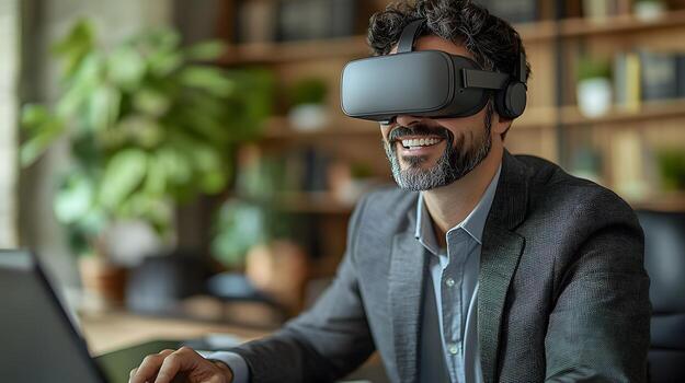 Man in a business suit, smiling as he uses virtual reality goggles at his desk, engaging in imaginative poses while immersed in a digital world. photo
