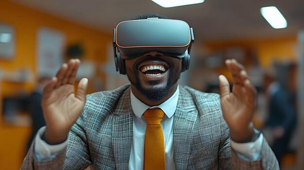 Man in a business suit, smiling as he uses virtual reality goggles at his desk, engaging in imaginative poses while immersed in a digital world. photo