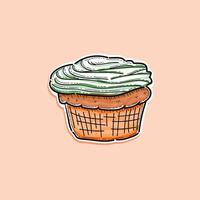 brown cupcake with green white icing illustration design isolated in a cream background sticker style vector