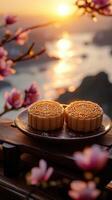 Stack of mooncakes with glowing full moon in background photo