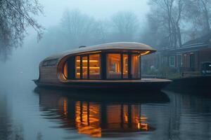 Modern houseboat floating on water with lights illuminating windows at night photo