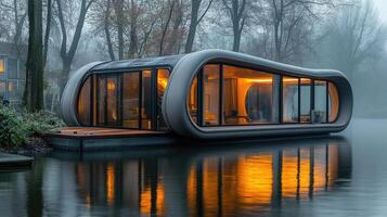 Futuristic oval house floating on water with lights illuminating windows at dusk photo