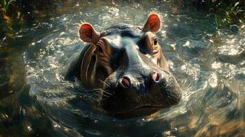 Hippopotamus relaxing in water with sunlight on its face photo