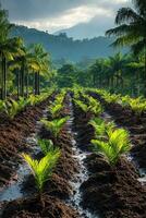 Rows of young palm oil trees growing in plantation on sunny day photo