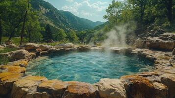 People relaxing in hot spring surrounded by mountain landscape photo