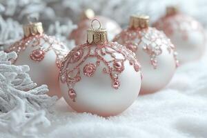 Luxurious pink and white Christmas baubles in snow photo
